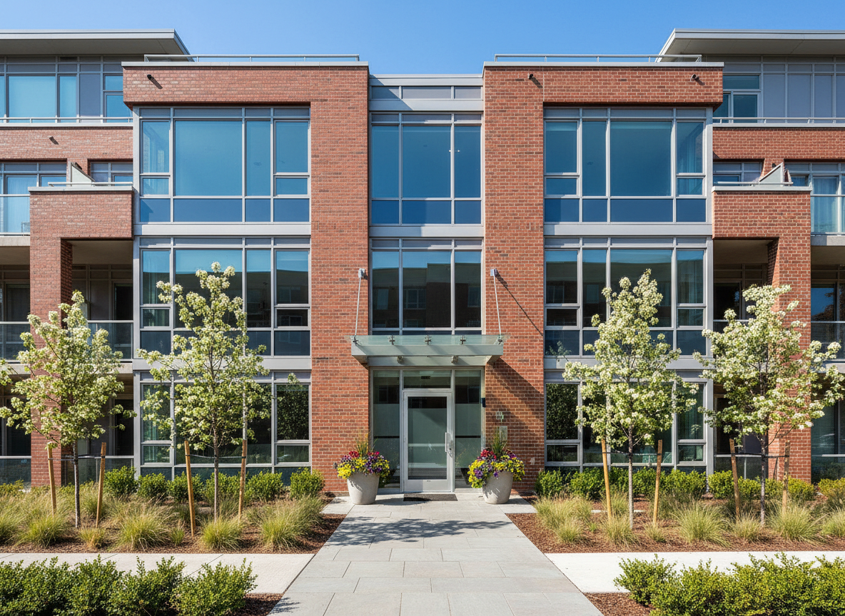 A well-maintained modern apartment building exterior with clean landscaping