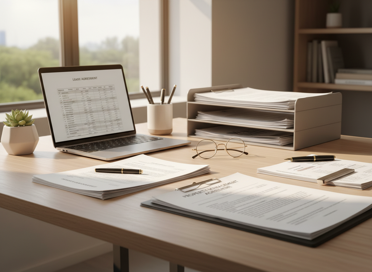 Property management documents and contracts arranged on a professional desk
