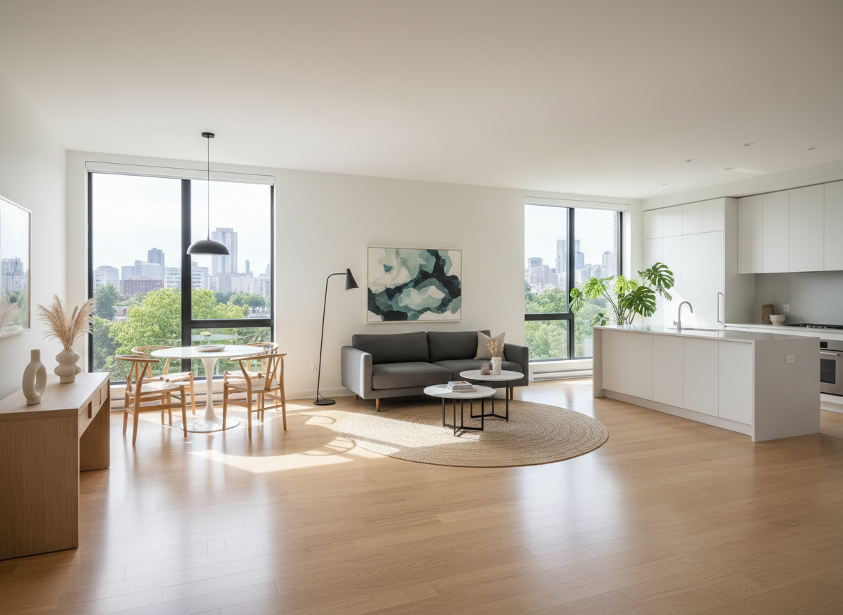 A modern clean rental unit interior with hardwood floors and natural light