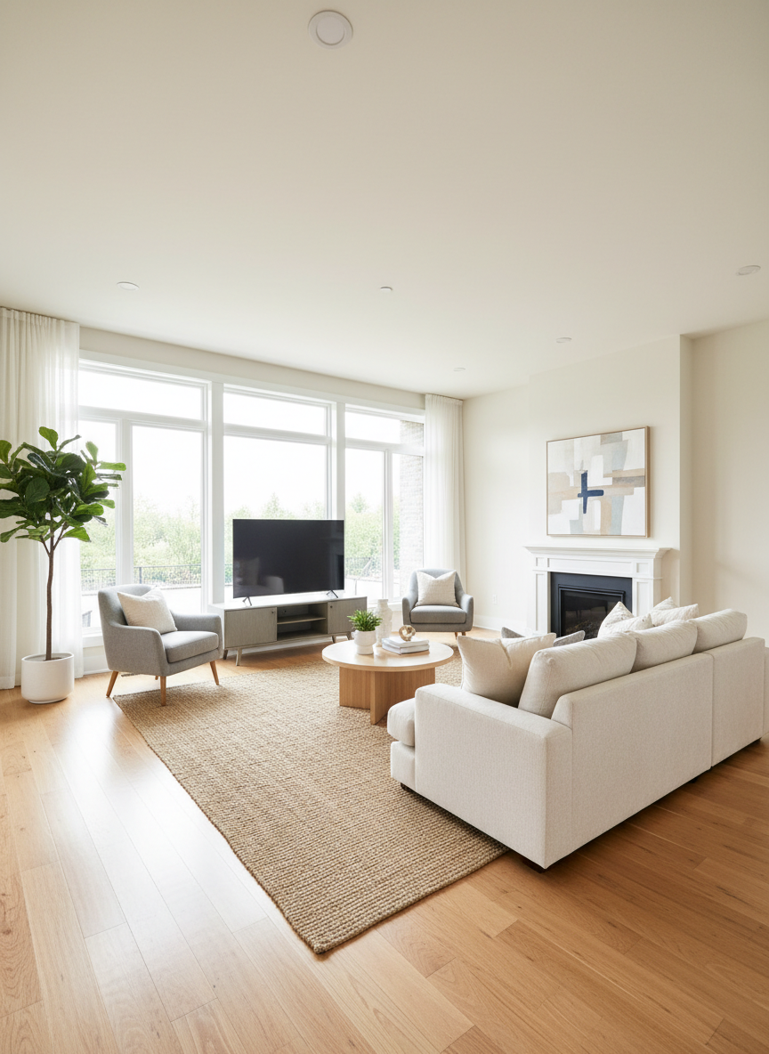A modern clean rental unit interior with hardwood floors and natural light