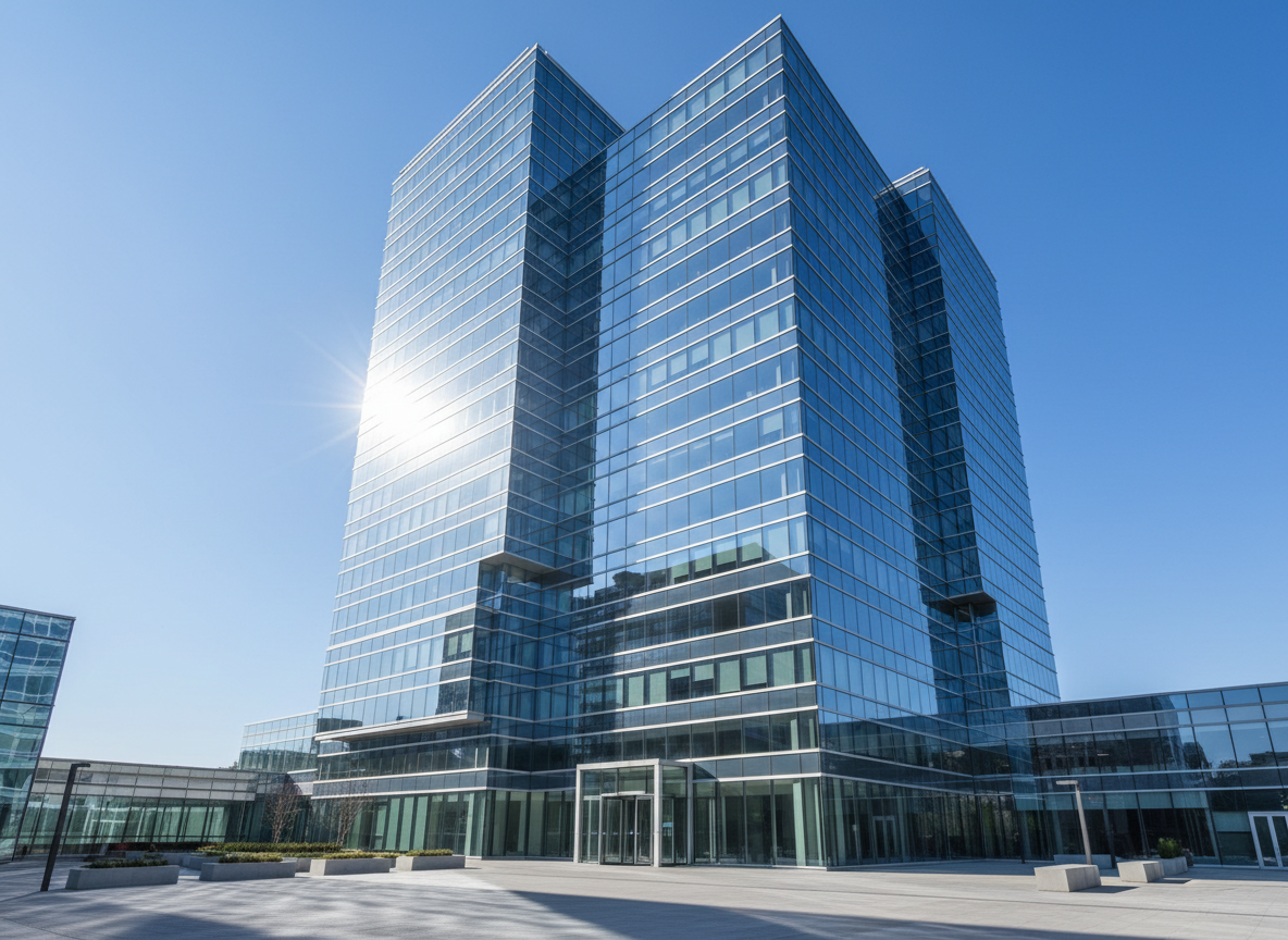 Modern office building exterior, no people