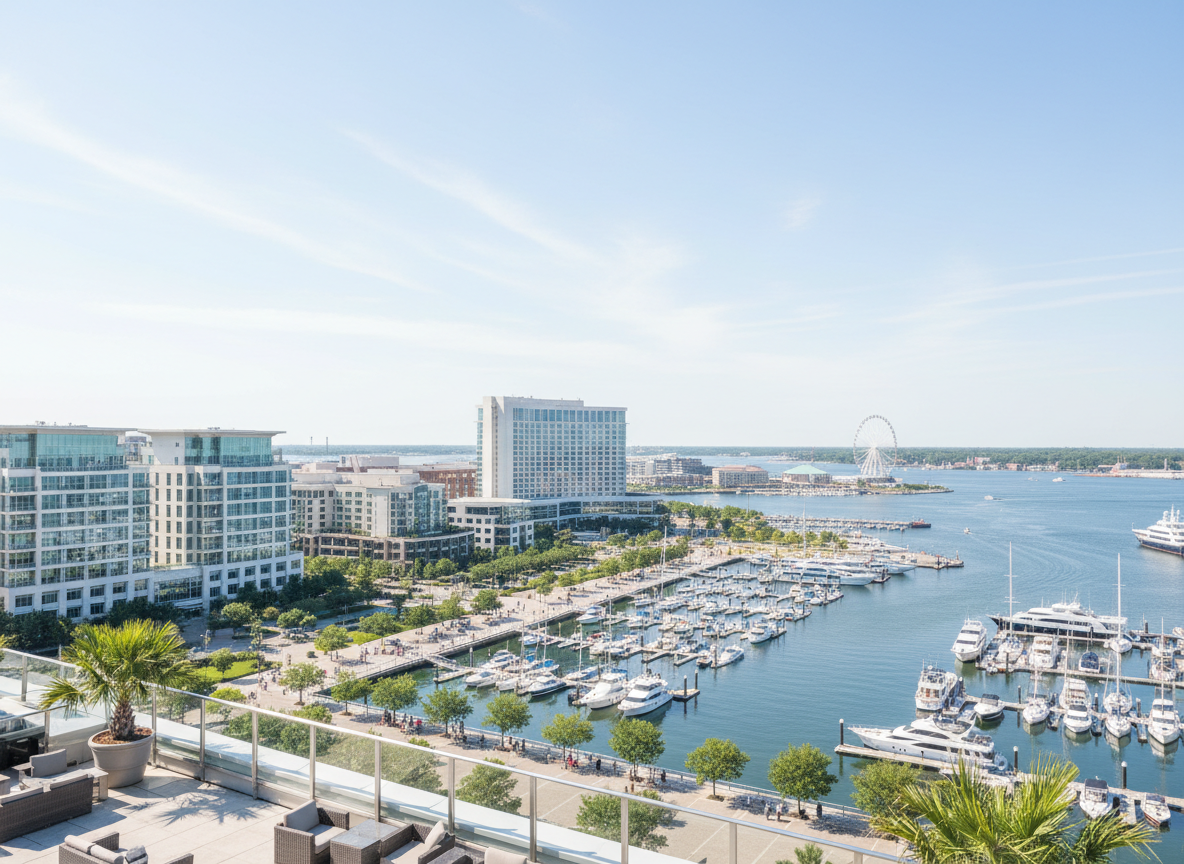 Light airy rooftop view of National Harbor waterfront