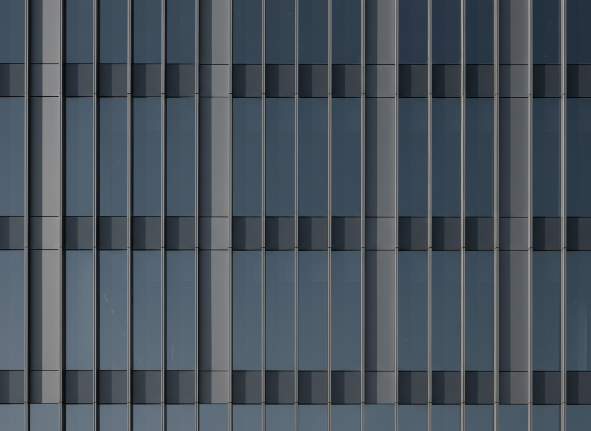 Minimalist abstract architectural detail of a modern corporate office building facade, clean vertical lines of glass and steel, muted grey and charcoal tones, geometric, no people, crisp and professional
