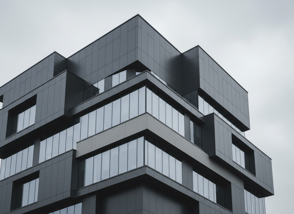 Abstract architectural photograph of a contemporary mixed-use building exterior with layered geometric facade, clean lines, muted grey and charcoal tones, no people, professional commercial real estate aesthetic