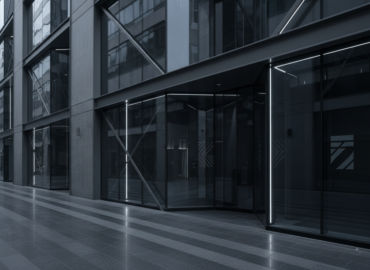 Abstract architectural photograph of a modern urban ground-floor retail streetscape with clean glass storefronts, geometric structure, muted charcoal and grey tones, no people, sharp corporate aesthetic